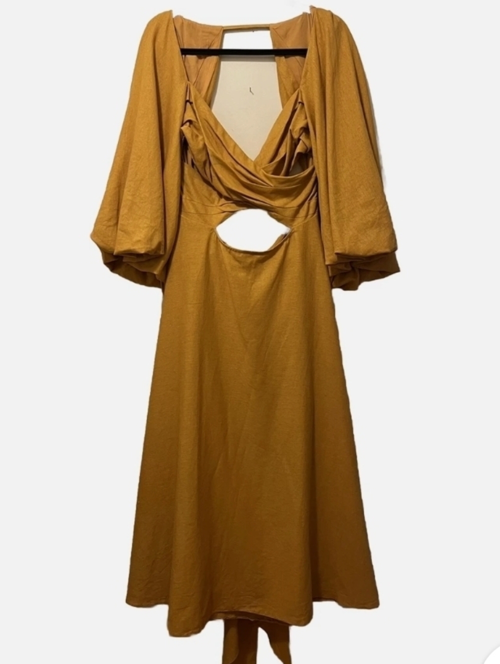 ASOS Mustard Yellow Midi Dress With Balloon / Puff Sleeves Criss Crossed Top